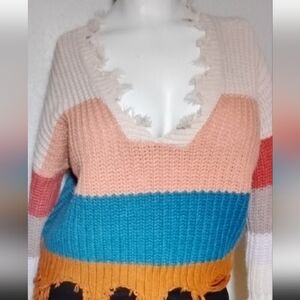 Multicolor V-Neck Frayed Hem Sweater